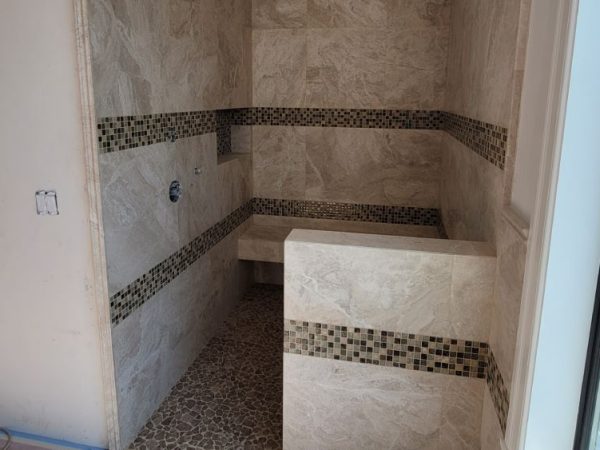 Bathroom with tiled walls